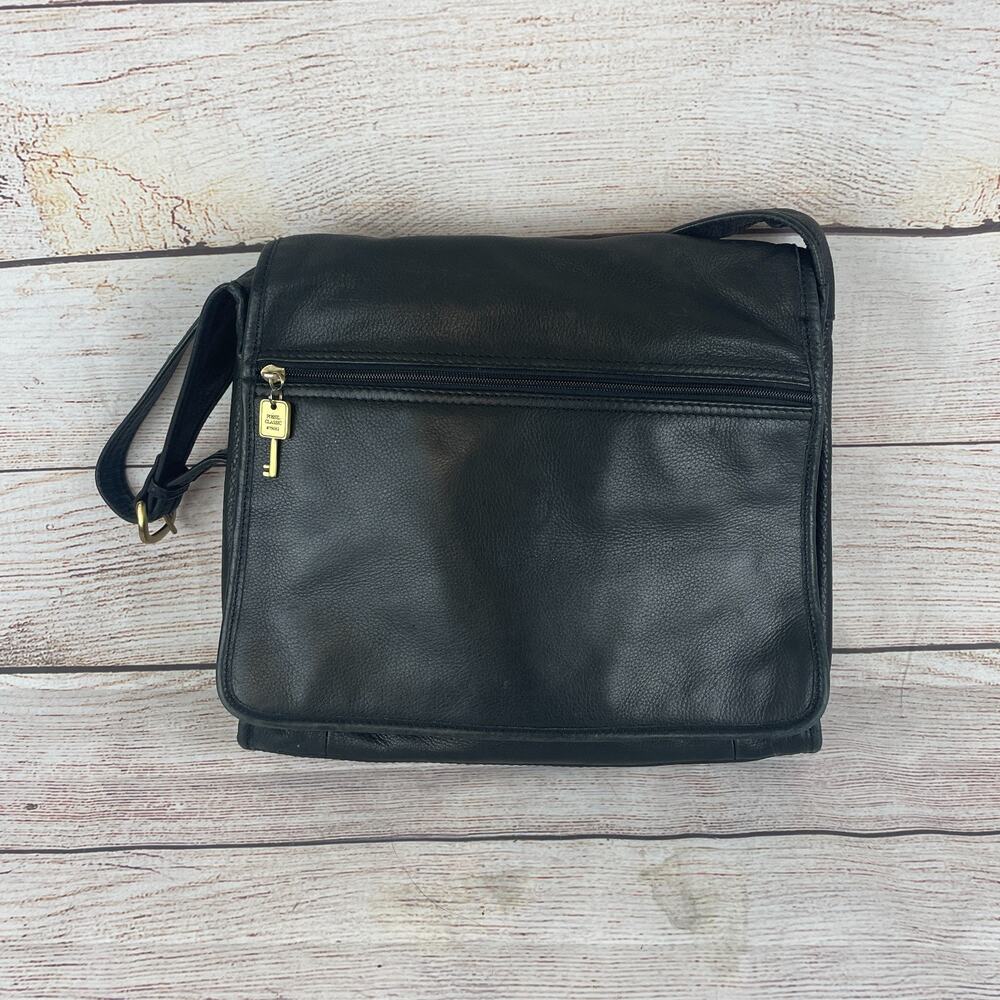 Vintage Fossil Black Pebbled Leather Crossbody Messenger Bag Brush